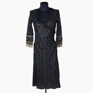 Vintage Betsey Johnson Embroidered Black Wrap Midi Dress Sz M